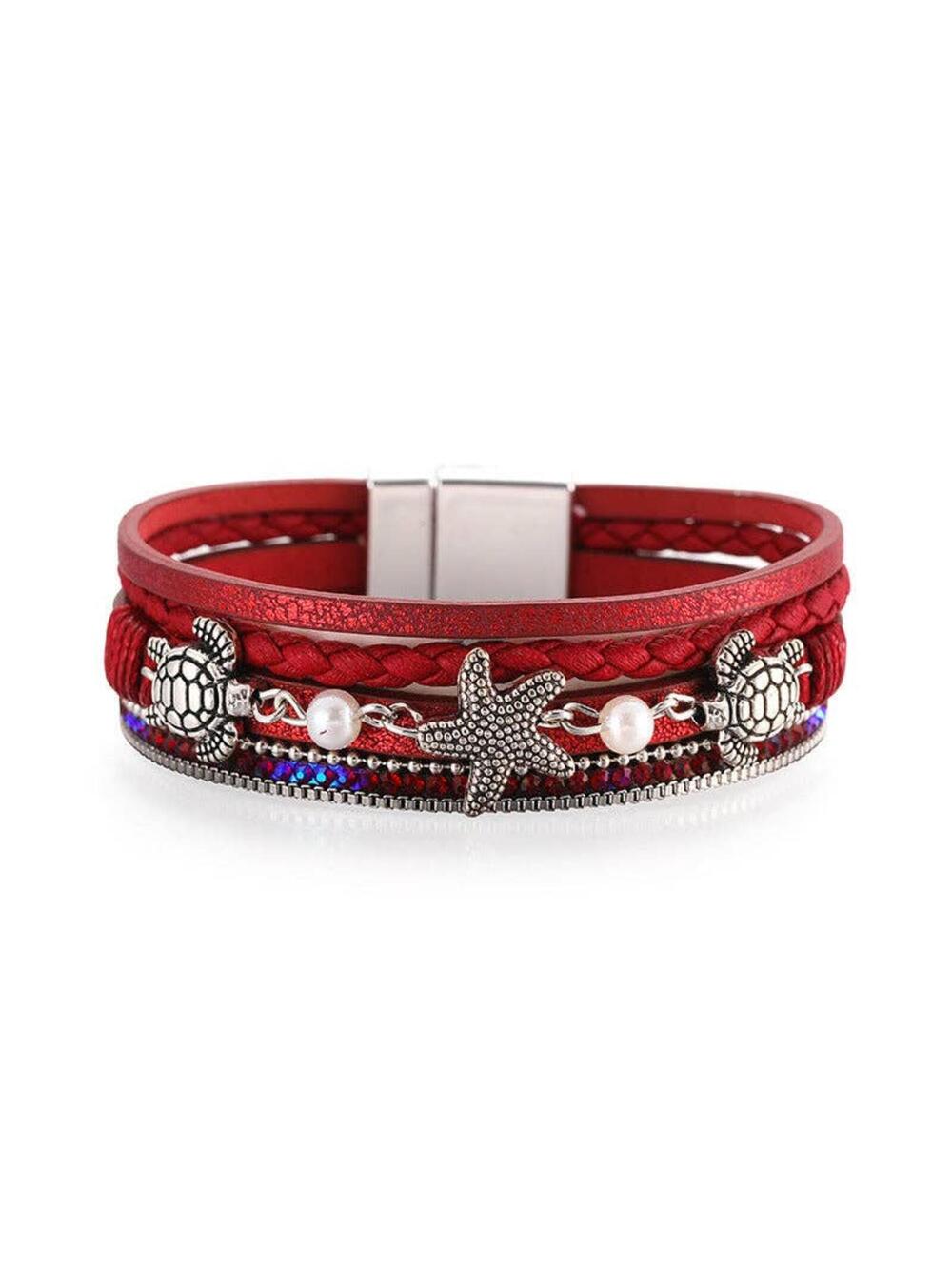 Red Multi-Strand Sea Life Charm Bracelet with Magnetic Clasp